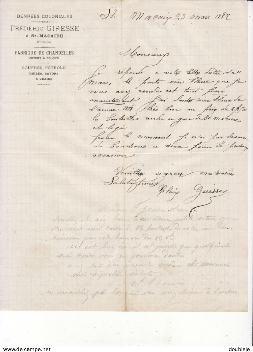 FABRIQUE DE CHANDELLES FREDERIC GIRESSE à ST MACAIRE  .......... CORRESPONDANCE COMMERCIALE DE 1887 - Levensmiddelen