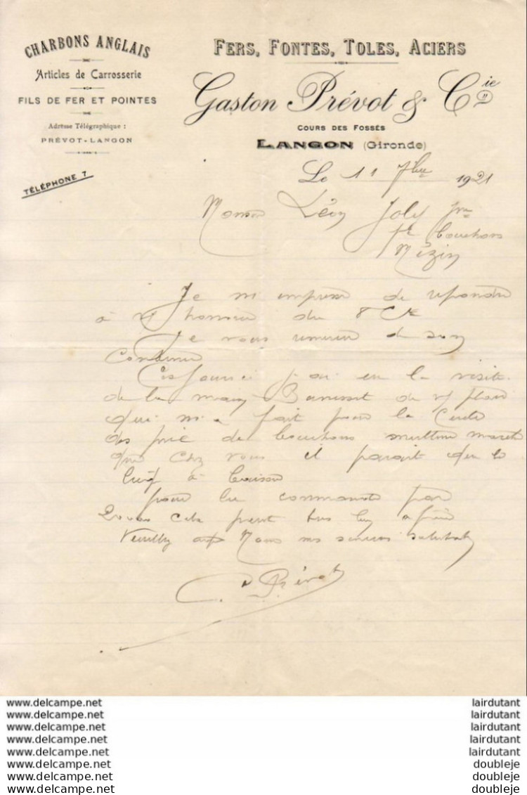 GASTON PRÉVOT à LANGON  .......... CORRESPONDANCE COMMERCIALE DE 1921 - Andere & Zonder Classificatie