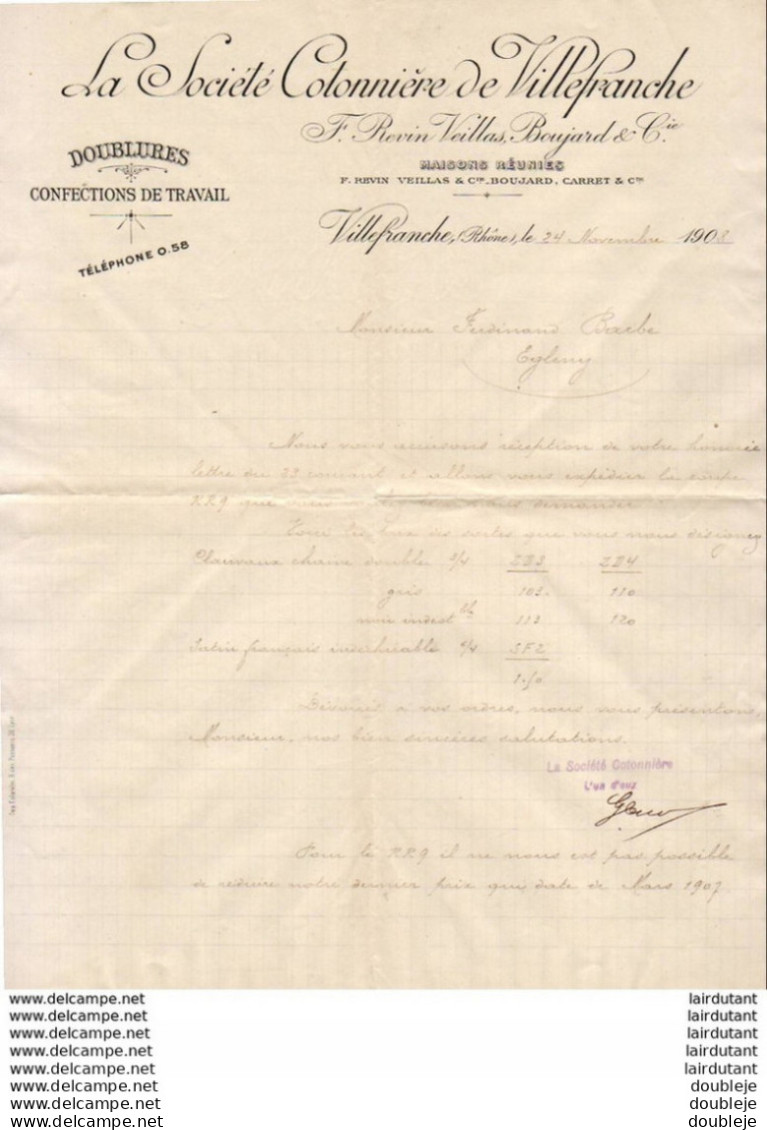 Société Cotonnière F.REVIN VEILLAS BOUJARD &amp; Cie à VILLEFRANCHE.......... FACTURE DE 1908 - Andere & Zonder Classificatie
