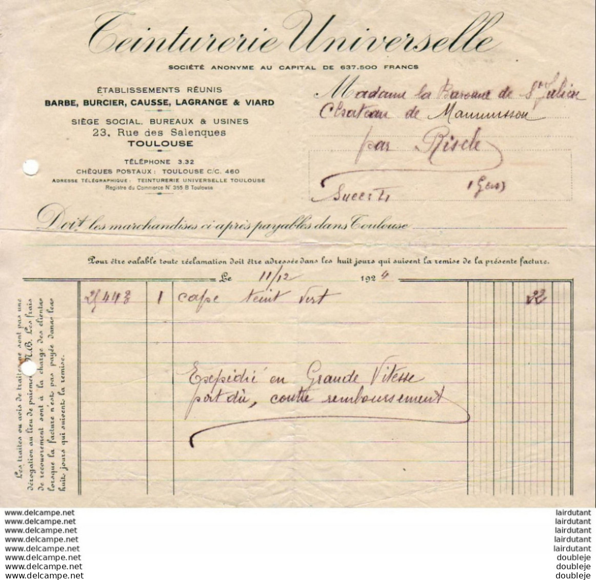 TEINTURERIE UNIVERSELLE A TOULOUSE     .......... FACTURE DE 1924 - Textile & Vestimentaire