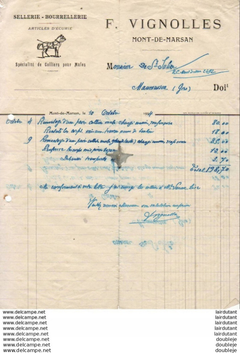 SELLERIE BOURRELLERIE VIGNOLLES A MONT DE MARSAN        .......... FACTURE DE 1924 - Other & Unclassified