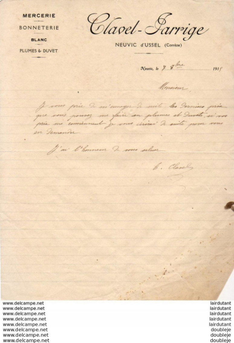 MERCERIE BONNETERIE CLAVEL JARRIGE À NEUVIC D'USSEL    .......... CORRESPONDANCE COMMERCIALE DE 1915 - Kleding & Textiel
