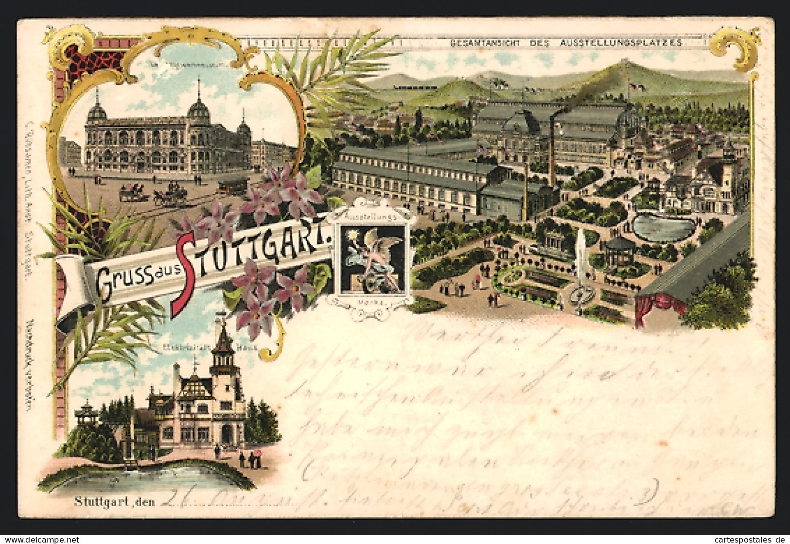 Lithographie Stuttgart, Ausstellungsplatz, Landesgewerbemuseum, Elektrizitäts-Haus  - Expositions