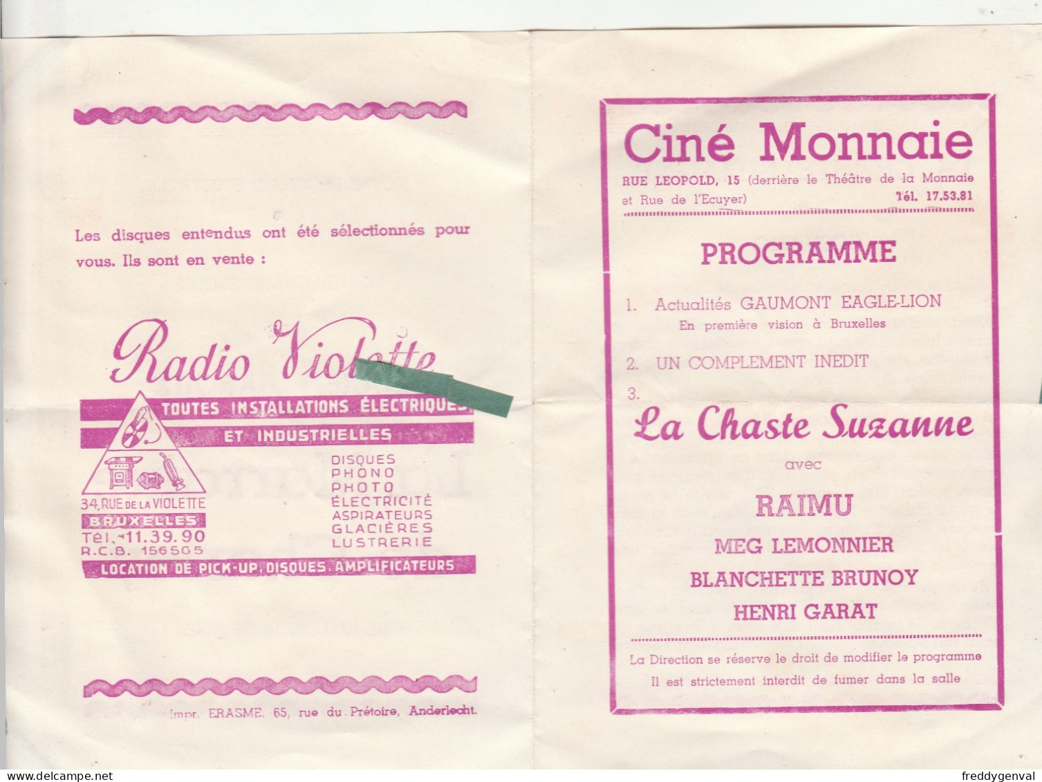 BRUXELLES CINEMA  LA MONNAIE PROGRAMME LA CHASTE SUZANNE - Programma's