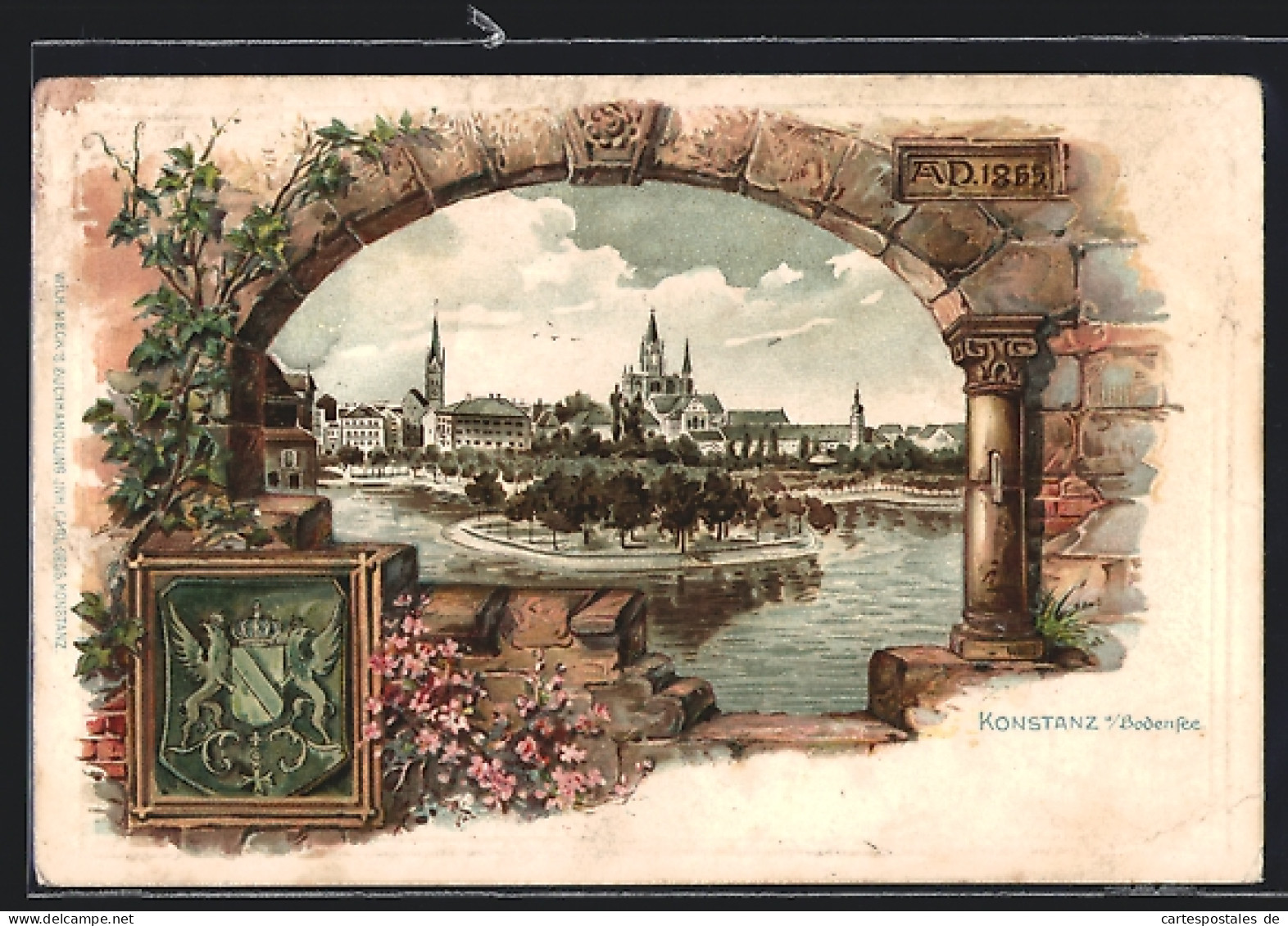 Passepartout-Lithographie Konstanz A. Bodensee, Ortspartie Mit Gewässer, 1855, Wappen  - Sonstige & Ohne Zuordnung
