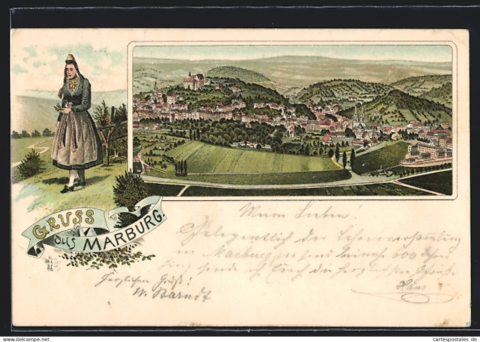 Lithographie Marburg, Panoramaansicht, Marburgerin In Tracht  - Marburg