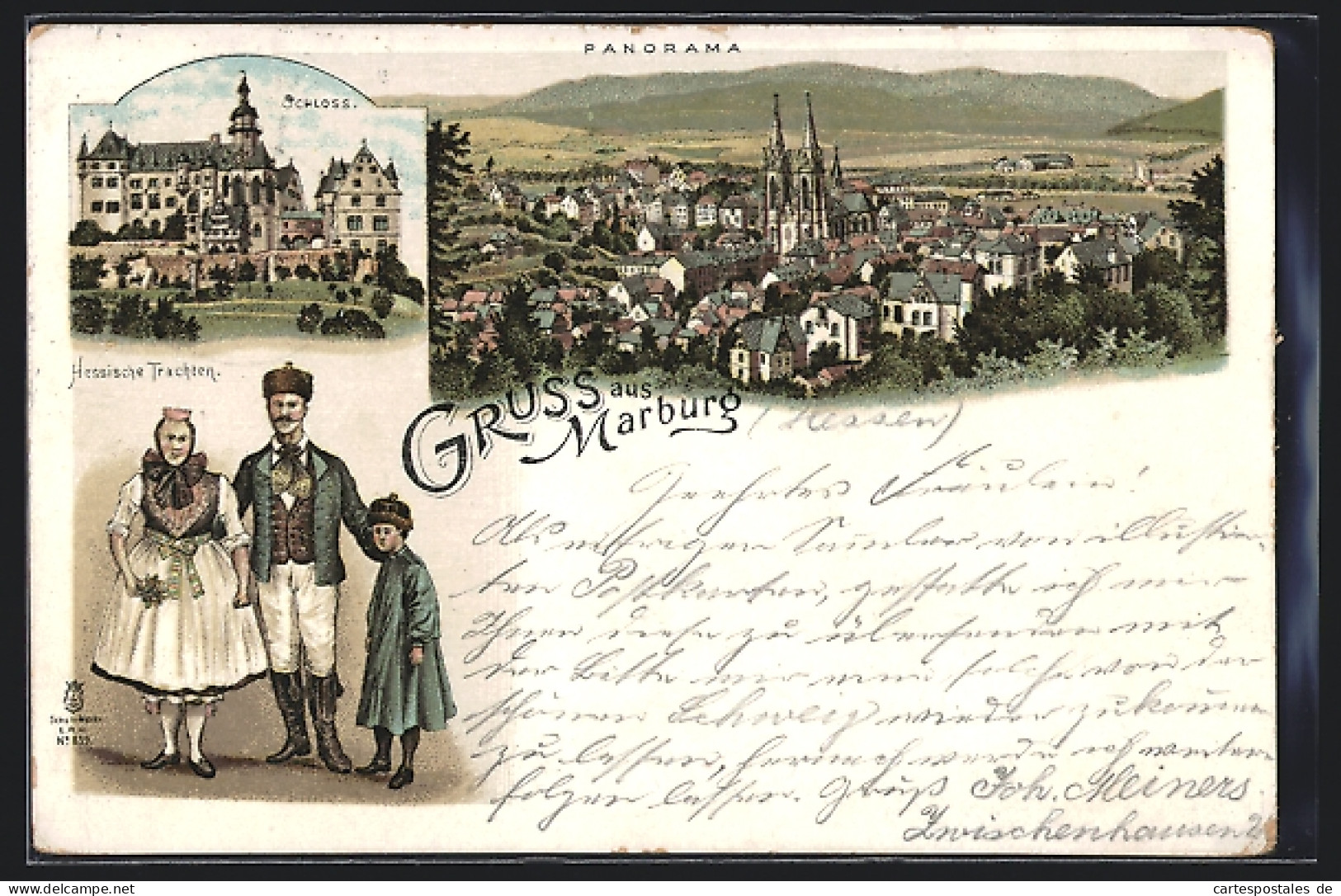 Lithographie Marburg, Panorama, Schloss, Hessische Trachten  - Marburg