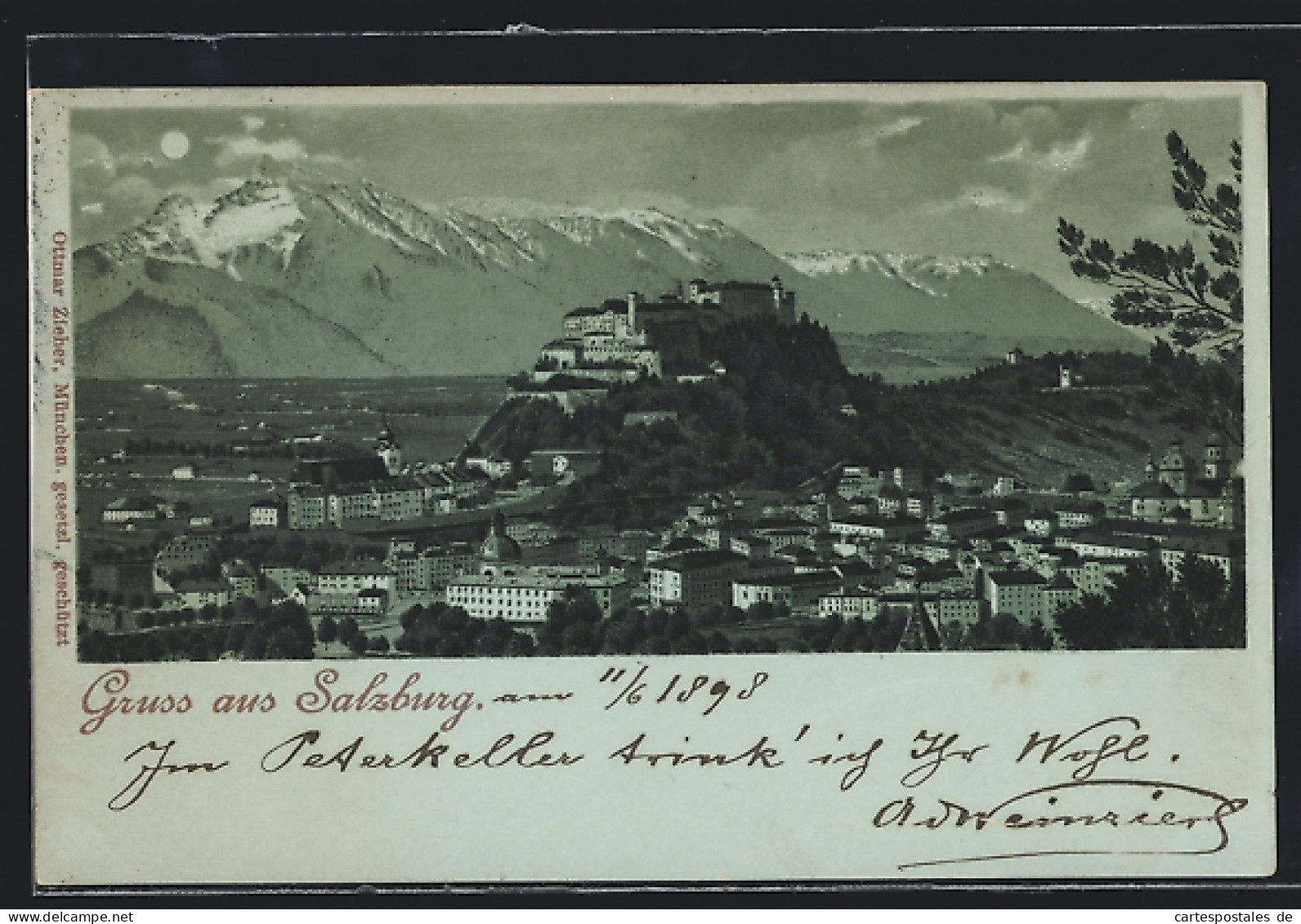 Mondschein-Lithographie Salzburg, Panoramablick Auf Stadt Und Gebirge  - Other & Unclassified