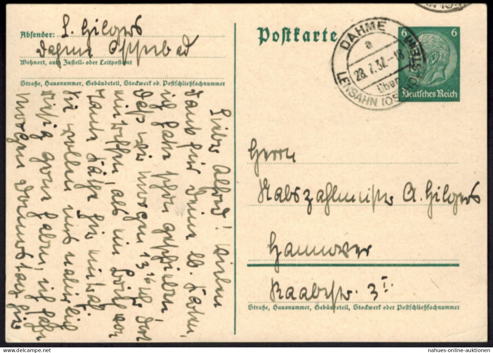 Hindenburg Ganzsache Landpoststempel Dahme über Lensahn Schleswig-Holstein 1932 - Storia Postale
