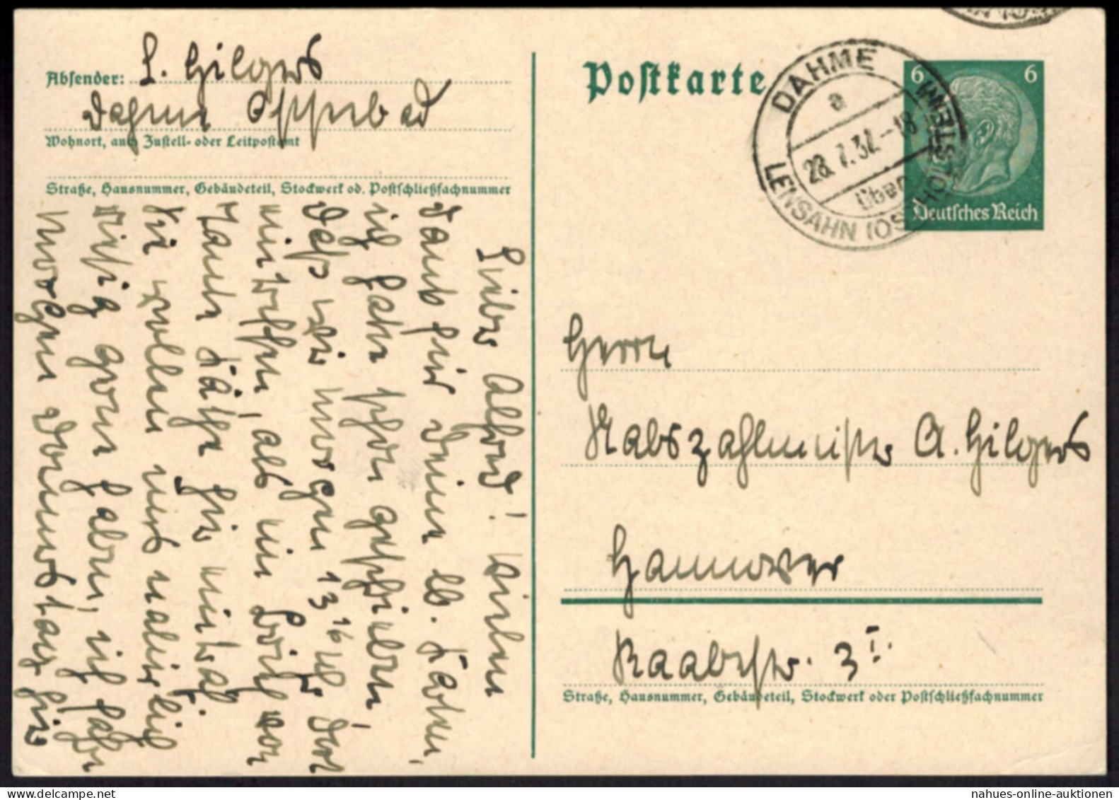 Hindenburg Ganzsache Landpoststempel Dahme über Lensahn Schleswig-Holstein 1932 - Briefe U. Dokumente