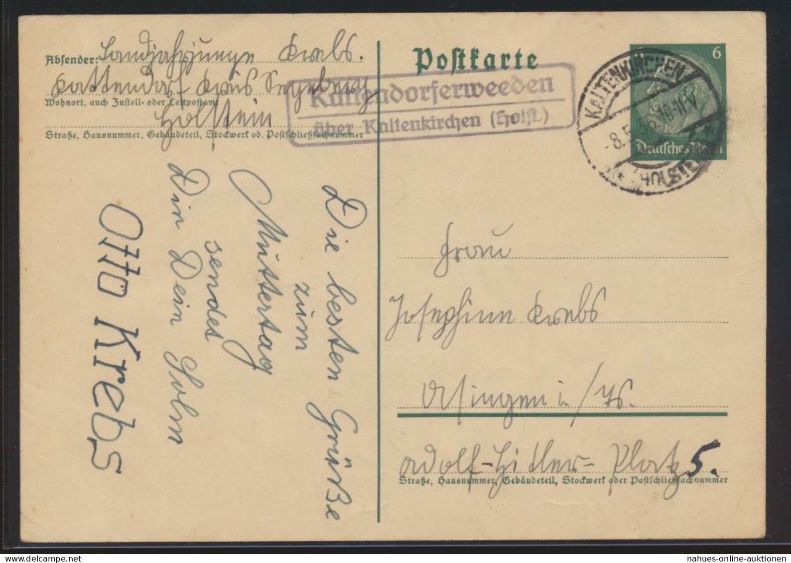 Landpoststempel Kattendorferweden über Kaltenkirchen Schleswig Holstein Reich - Storia Postale