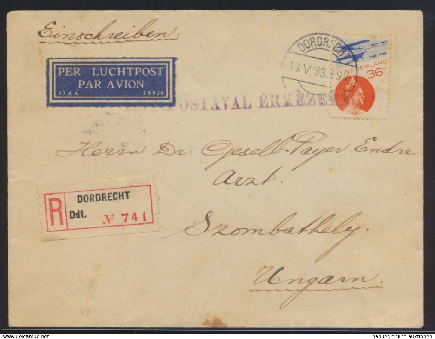 Flugpost Air Mail Niederlande R Brief Dordrecht Nach Szombathhely Mit Rs. K2 - Vliegtuigen