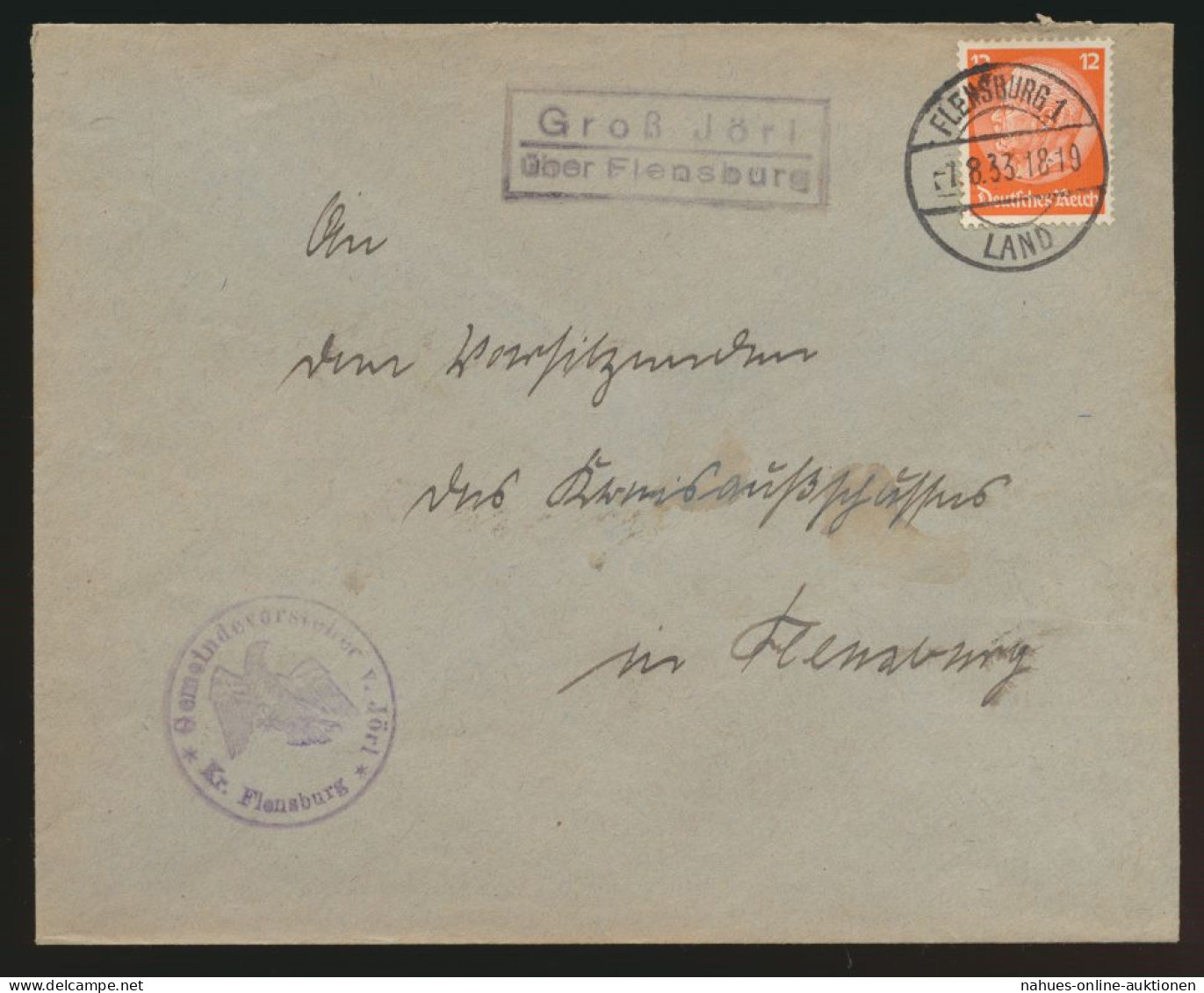 Landpoststempel Groß Jörl über Flensburg Schleswig Holstein Deutsches Reich EF - Covers & Documents