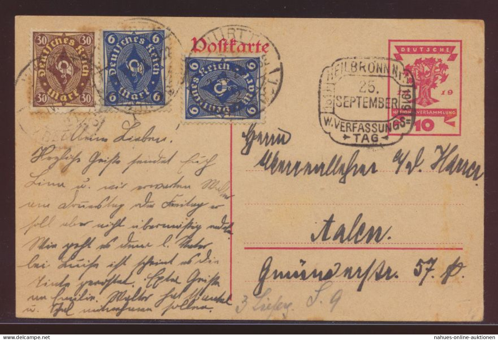 Bahnpost Deutsches Reich Infla Ganzsache ZUF Sehr Inter Sonderstempel Heilbronn - Lettres & Documents