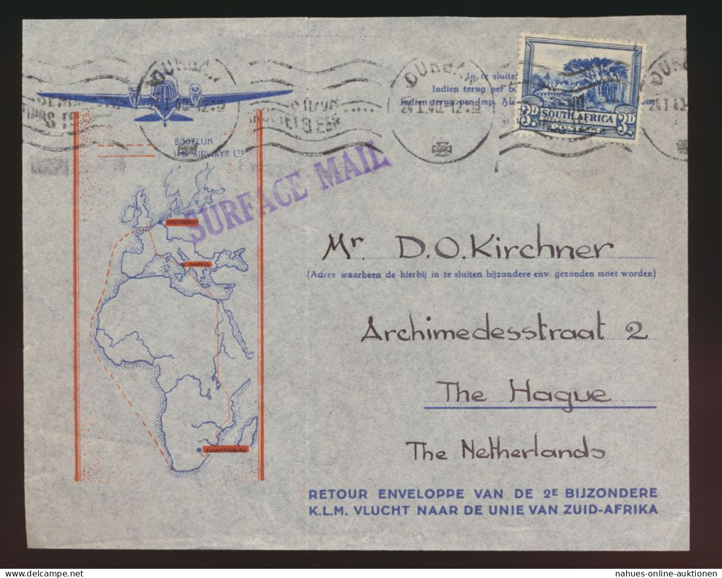 Flugpost Air Mail Südafrika Surface Mail Den Haag Niederlande Africa Cover Ton - Aerei