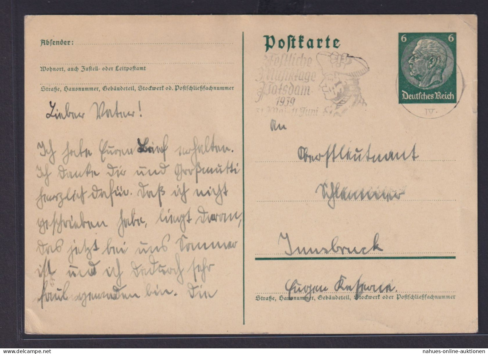Deutsches Reich Ganzsache Hindenburg Reklame Stempel Potsdam Festliche Musik - Covers & Documents