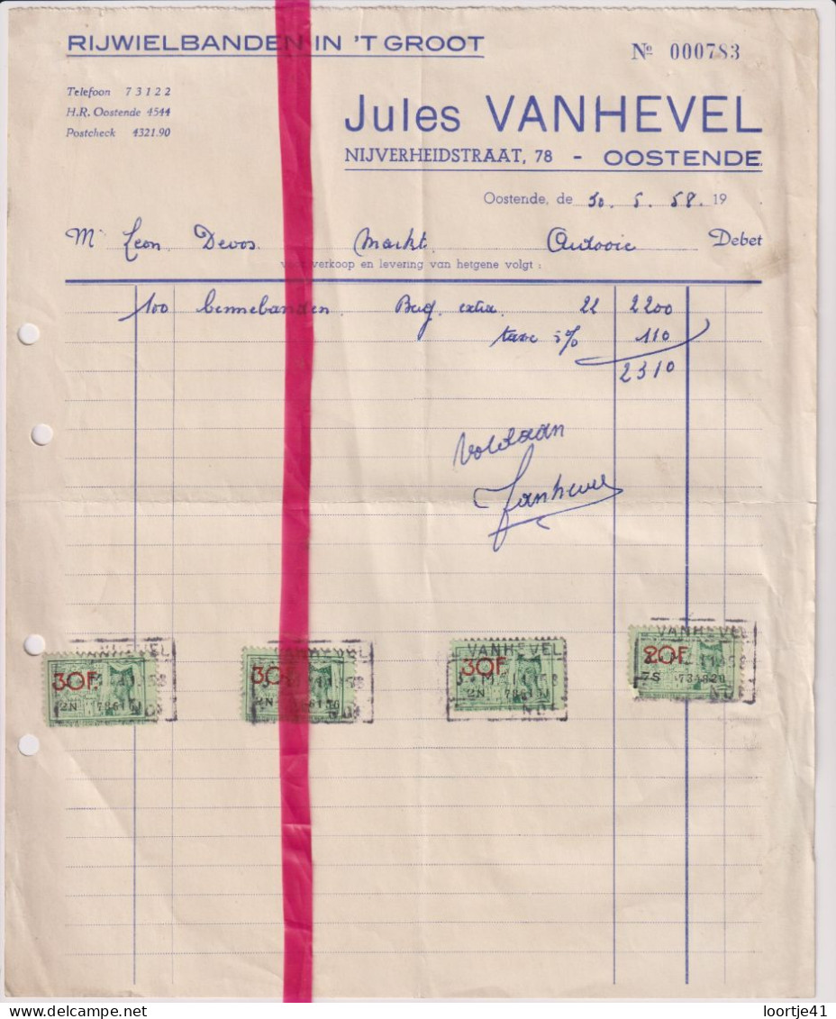 Factuur Facture - Oostende - Rijwiel Banden Jules Vanhevel - 1958 - Verkehr & Transport