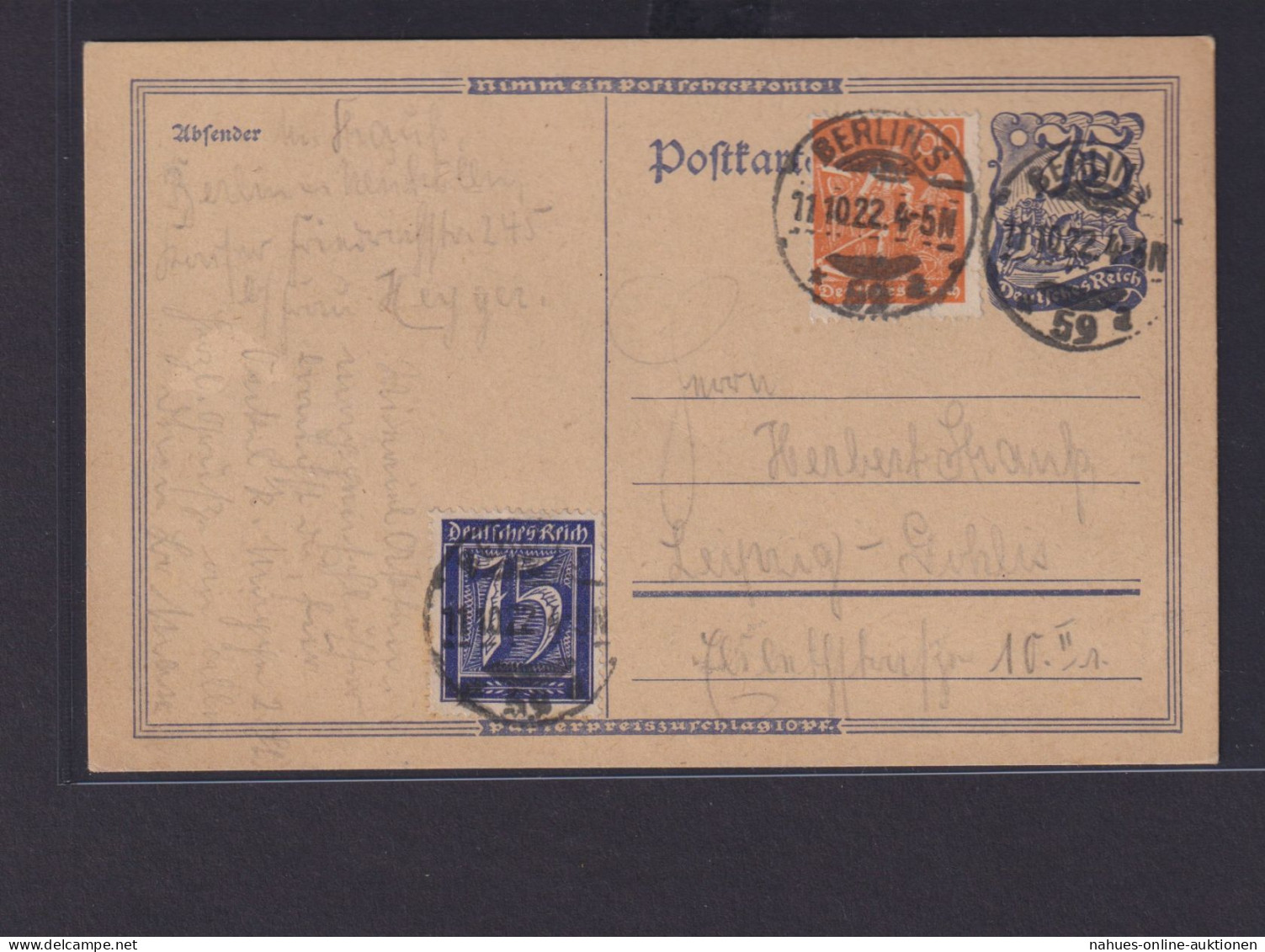 Deutsches Reich Infla Ganzsache 75 Pfg. Postreiter + ZuF Berlin Nach Leipzig - Cartas & Documentos