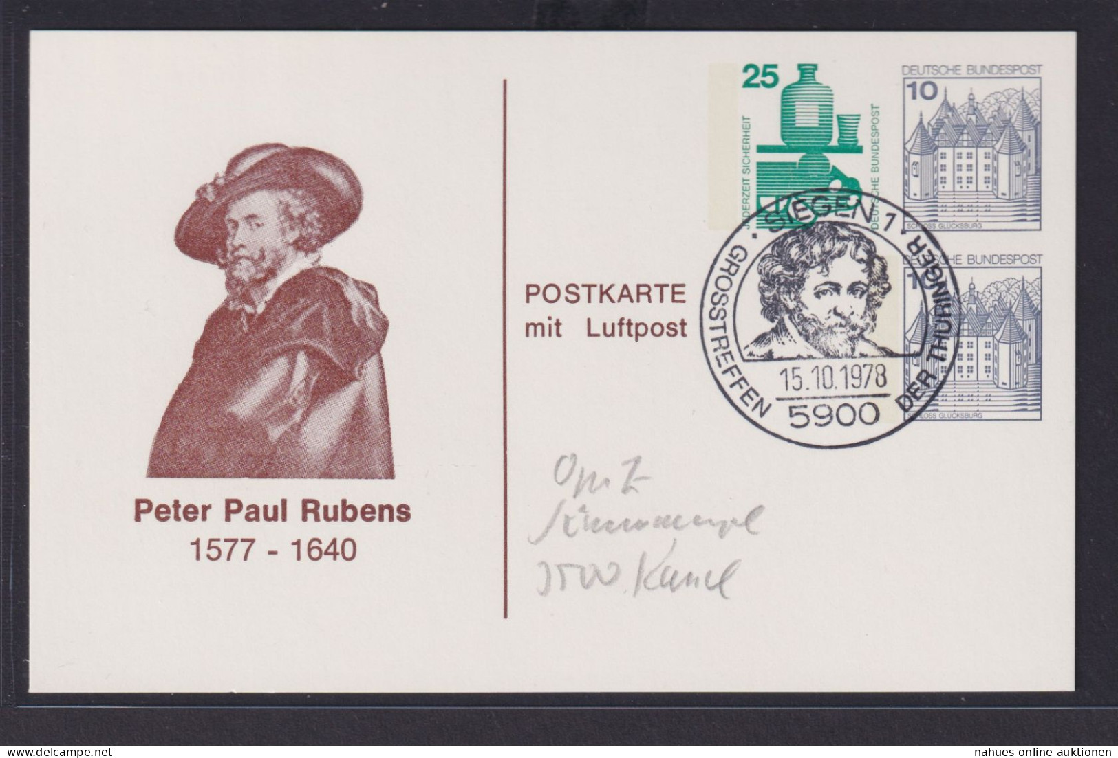 Bund Luftpost Privatganzsache 3 WST Unfall + Burgen & Schlösser Kunst Rubens - Postales - Usados