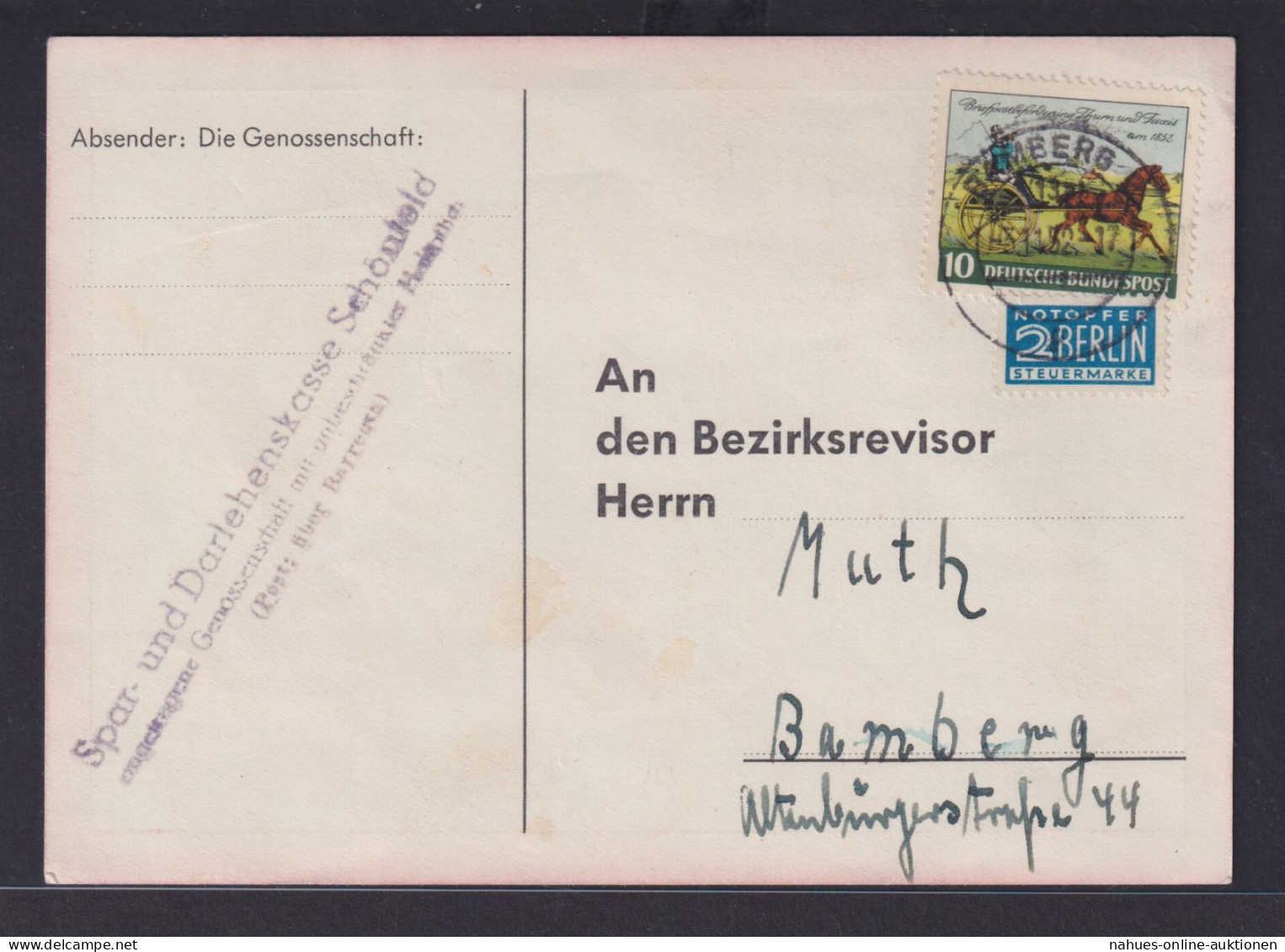 Bund Brief EF 160 Thurn & Taxis Auf Sparwochen Karte Schönfeld Bamberg 3.11.1952 - Storia Postale