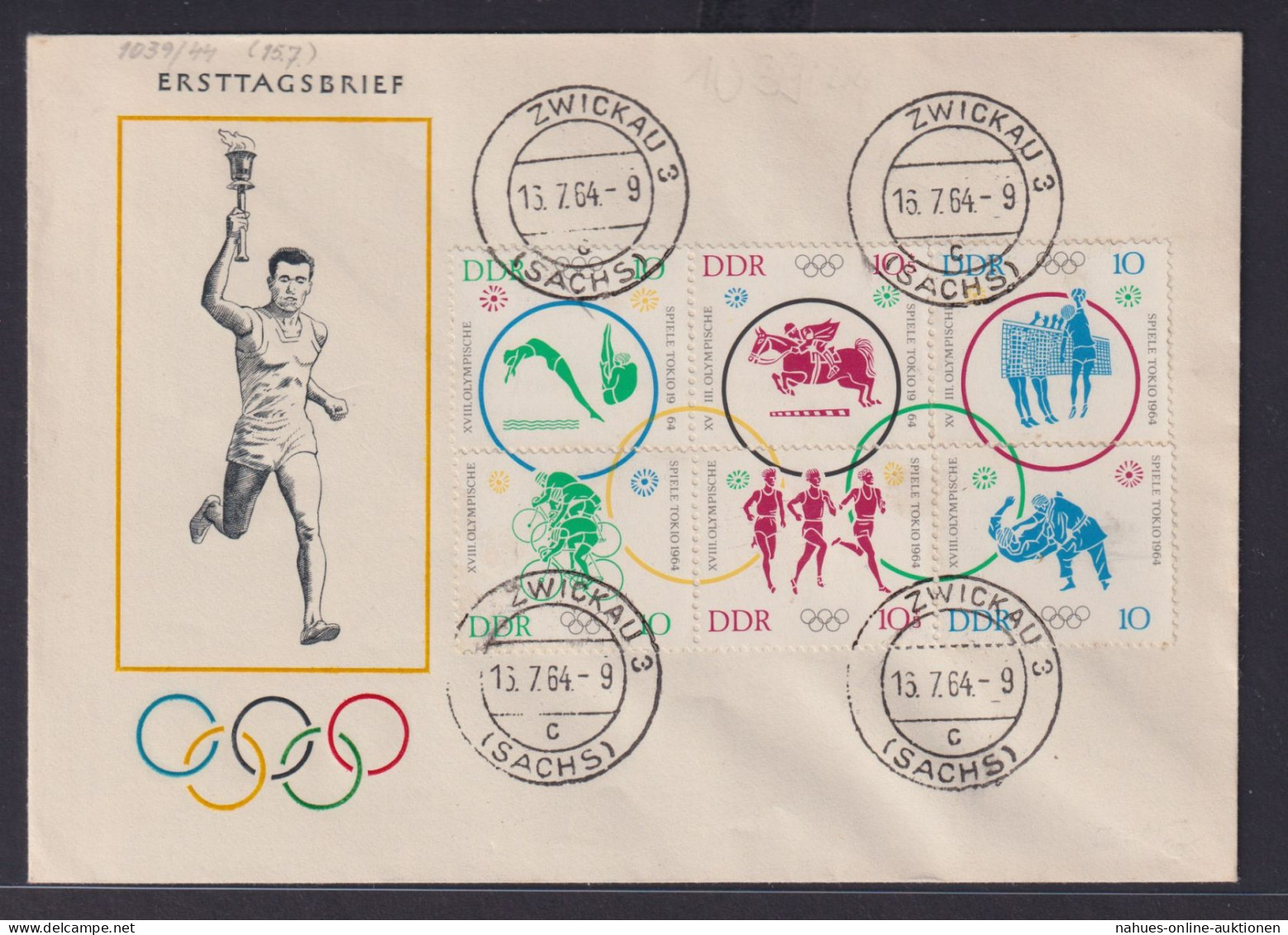 DDR Brief Zusammendruck Olympia 1039-1044 6er Block Zwickau 3 Kat.Wert 65,00 - Storia Postale