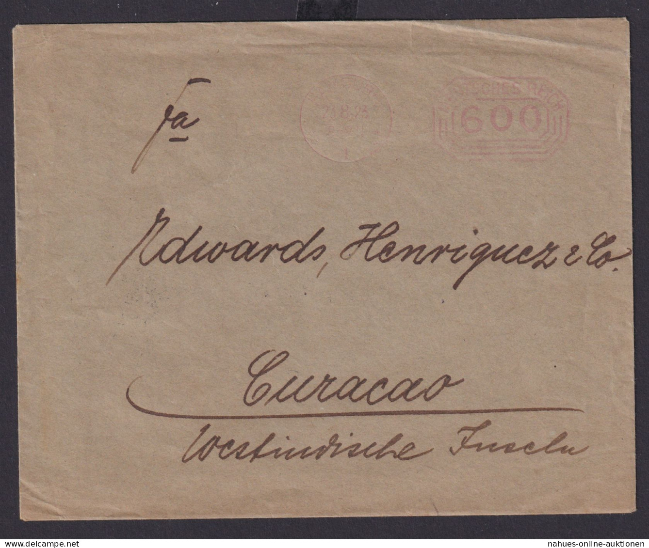 Deutsches Reich Brief Infla AFS Absenderfreistempel Destination Hamburg Curacao - Storia Postale
