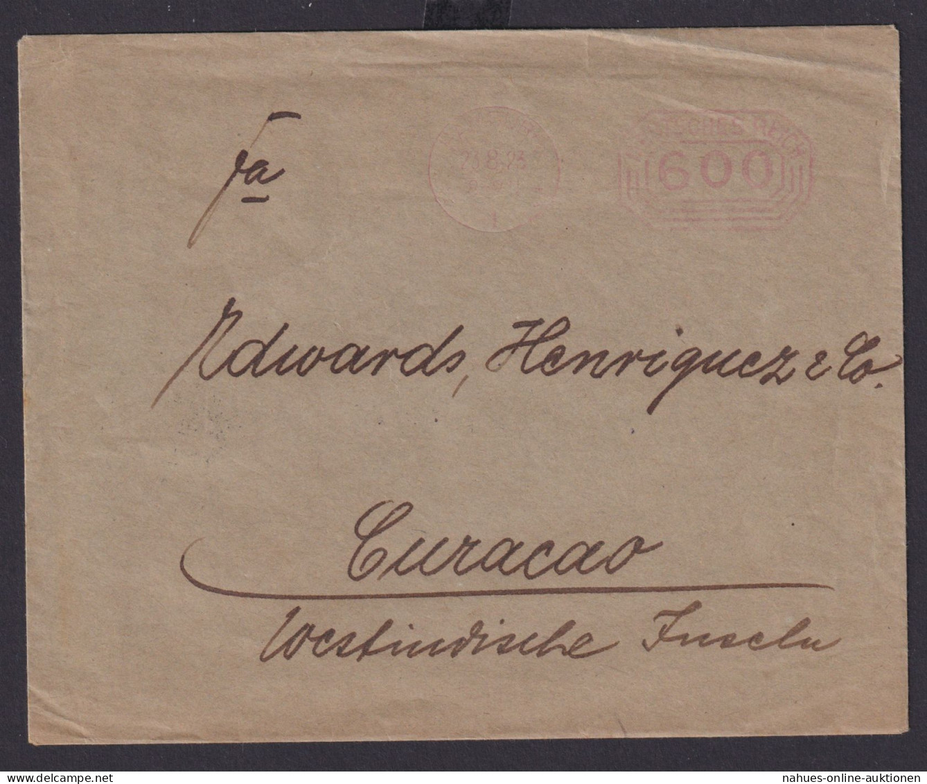 Deutsches Reich Brief Infla AFS Absenderfreistempel Destination Hamburg Curacao - Lettres & Documents