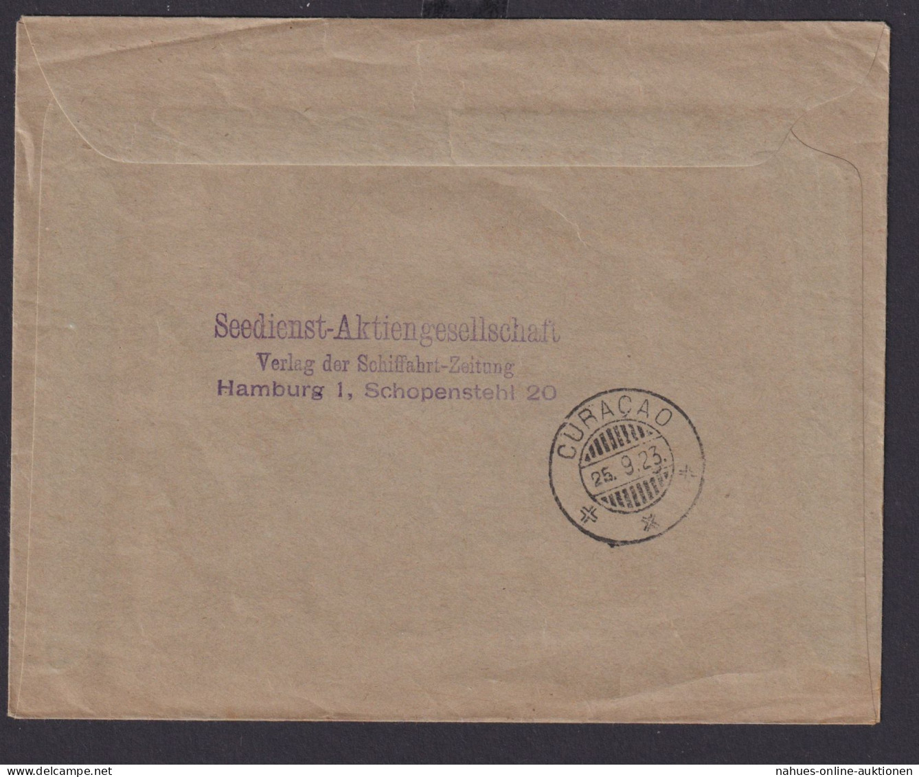 Deutsches Reich Brief Infla AFS Absenderfreistempel Destination Hamburg Curacao - Lettres & Documents