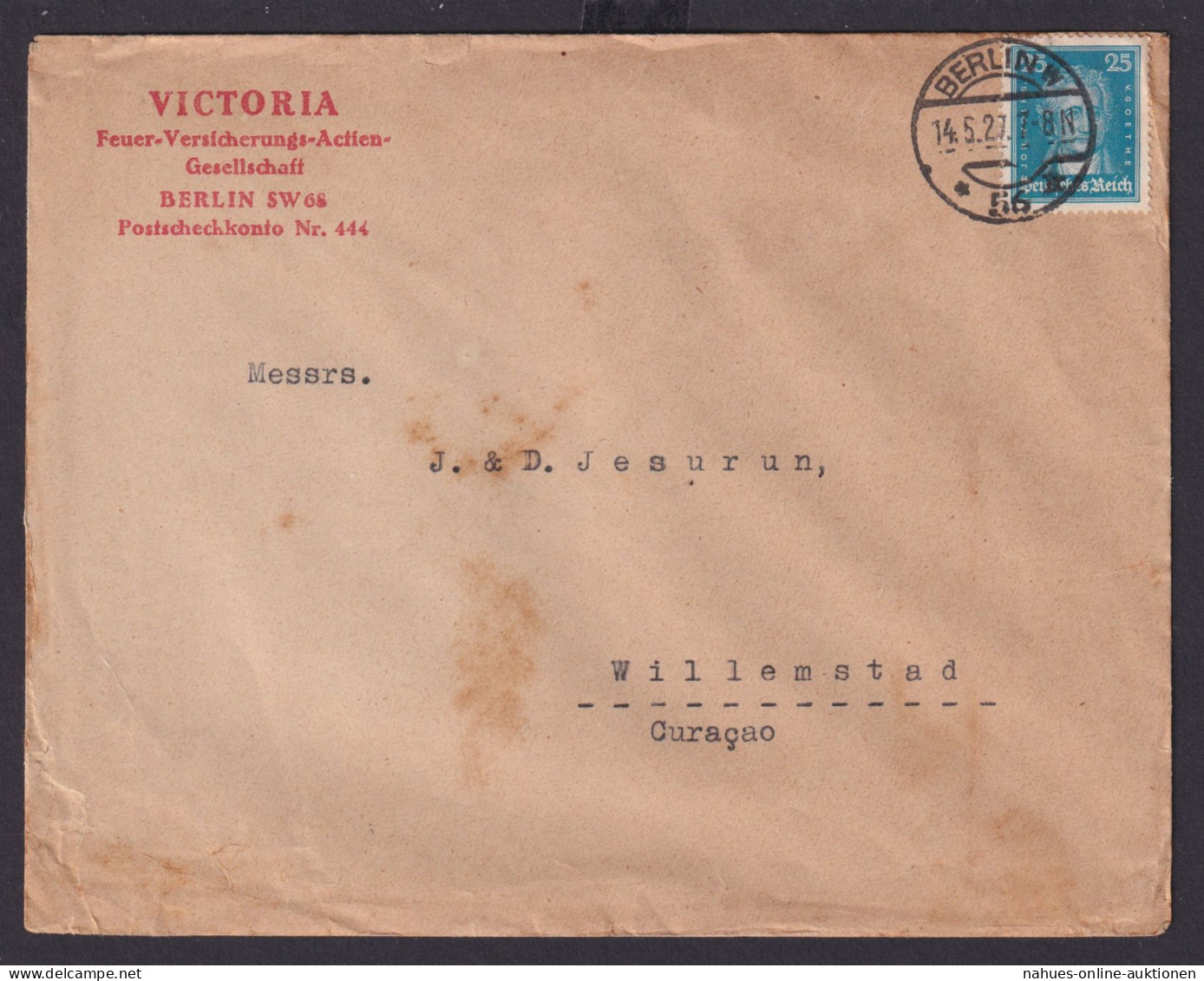 Deutsches Reich Brief 25 Pfg. Destination Berlin Curacao Niederlande Westindien - Briefe U. Dokumente