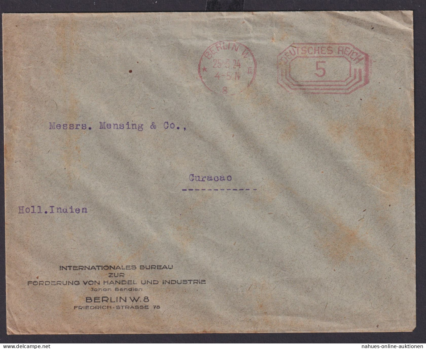 Deutsches Reich Brief AFS Absenderfreistempel Destination Berlin Curacao - Storia Postale