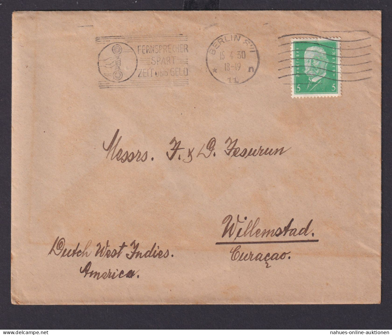 Deutsches Reich Brief 5 Pfg. Destination Berlin Curacao Niederlande Westindien - Cartas & Documentos