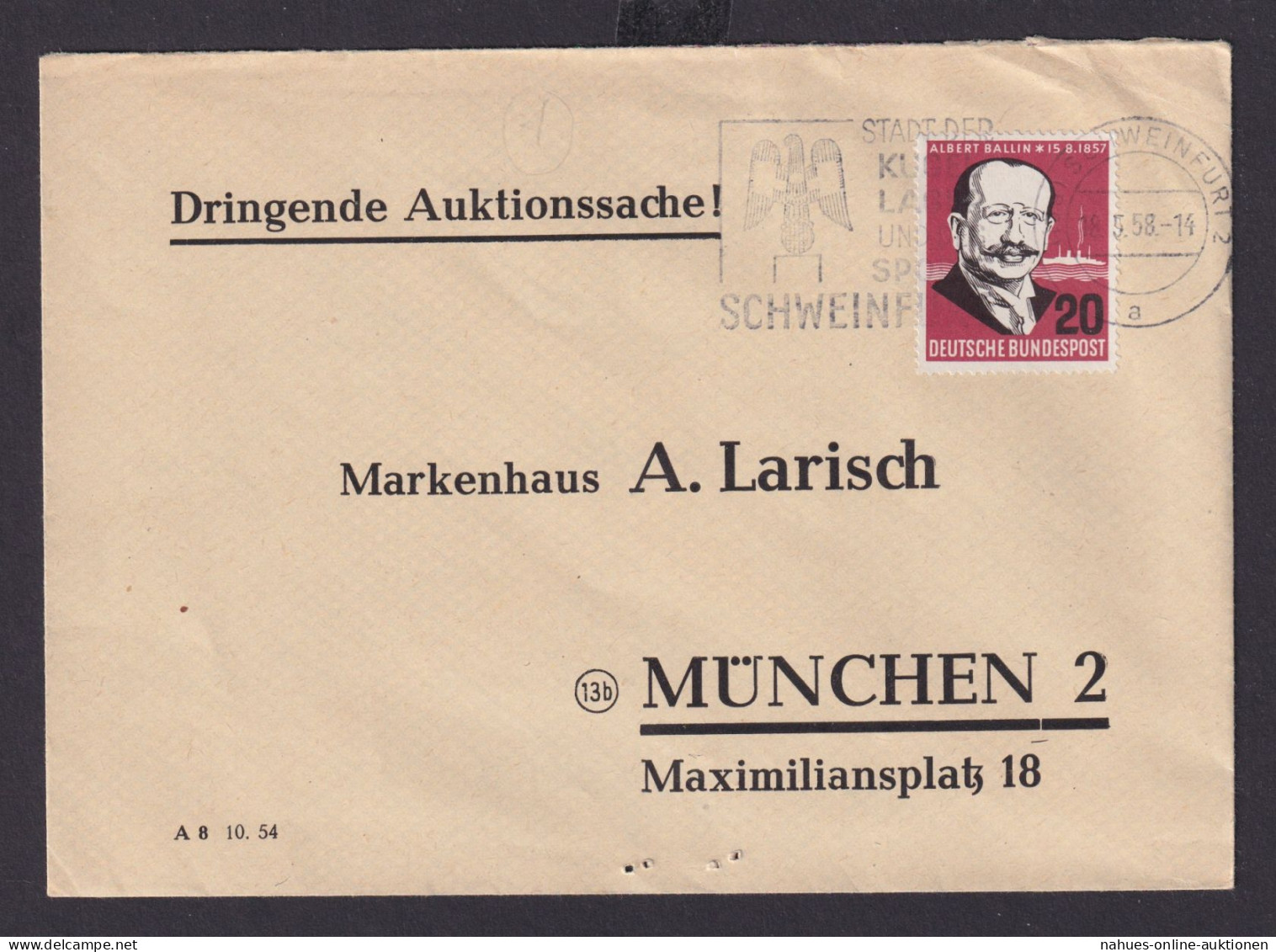 Bund Brief EF 266 Ballin Maschin.Werbestempel Schweinfurt Adler Nach München - Briefe U. Dokumente