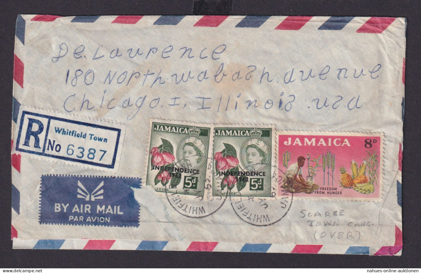 Jamaica Flugpost Brief Aufdruck Queen Elisabeth Whitfield Town Chicago Illinois - Jamaica (1962-...)