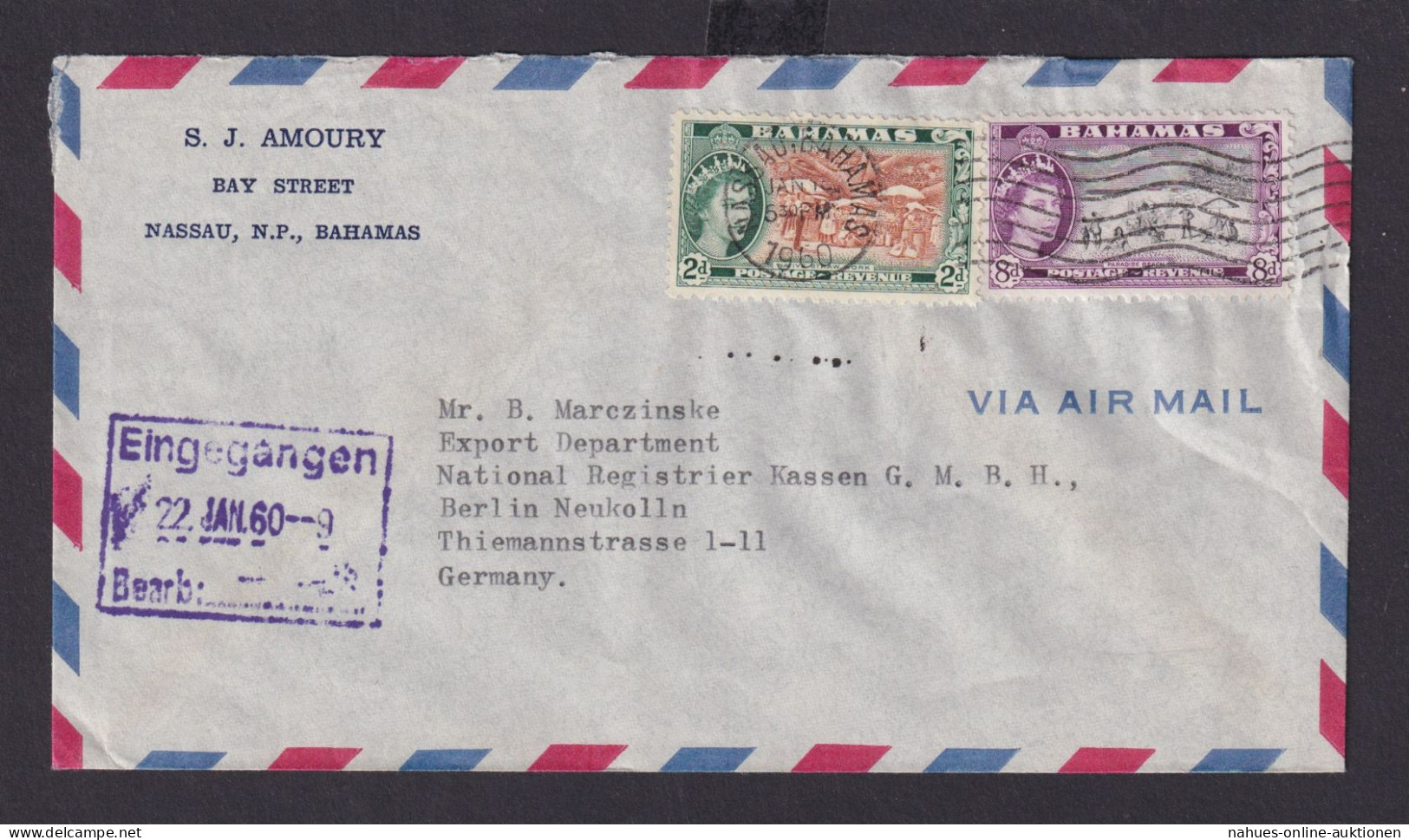Flugpost Bahamas Queen Elisabeth Brief MIF 2d + 8d Destination Nassau Berlin - Bahamas (1973-...)