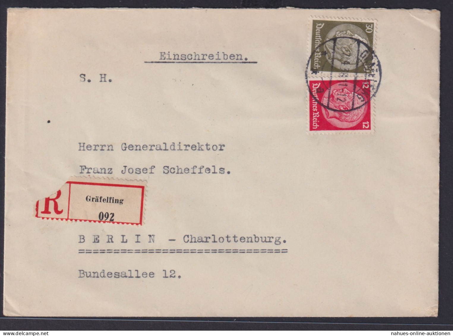 Deutsches Reich R Brief MIF Hindenburg Gräfeling Nach Berlin Charlottenburg - Briefe U. Dokumente