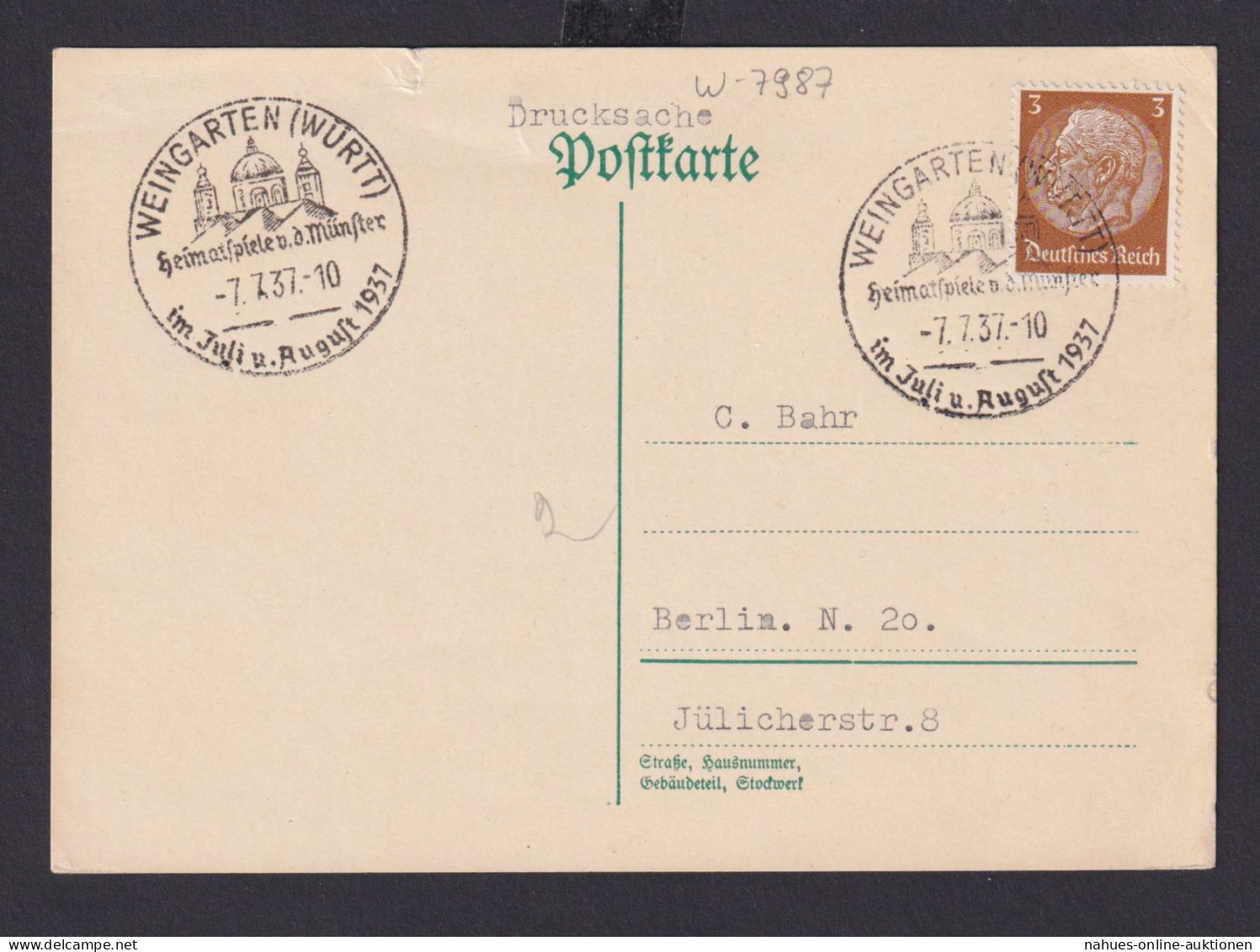 Deutsches Reich Drittes Reich Karte SST Weingarten Württemberg Heimatspiele - Storia Postale