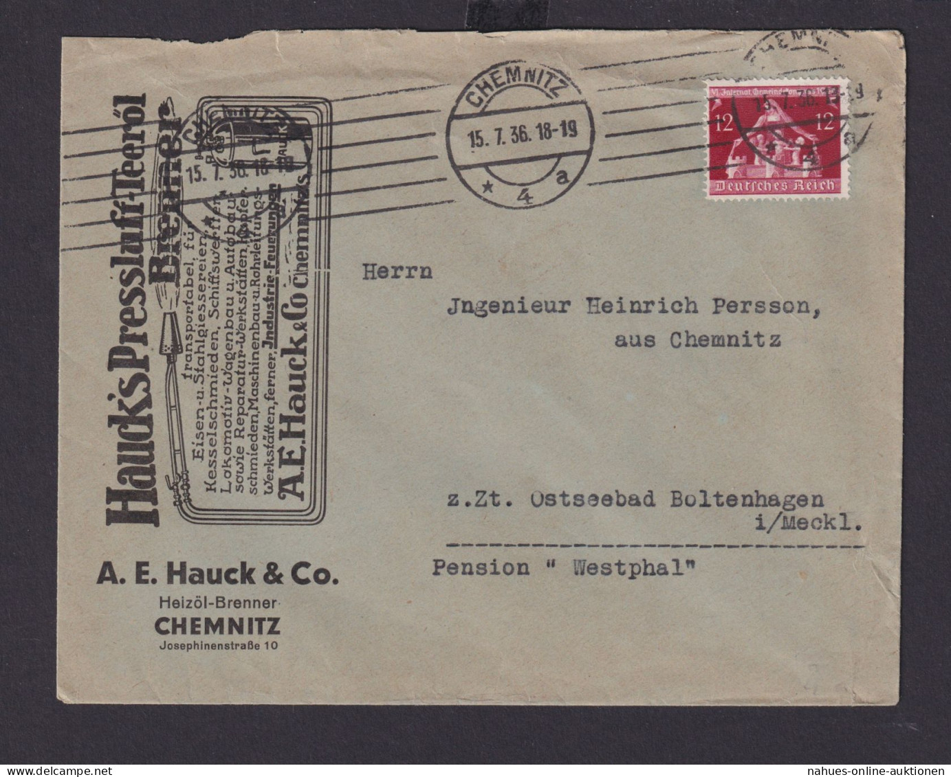 Deutsches Reich Drittes Reich Briefe Reklameeindruck Fa. Hauck Hauks Pressluft - Storia Postale