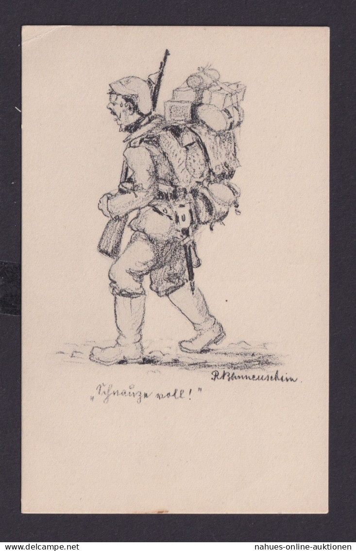 Ansichtskarte Künstlerkarte Bleistiftzeichnung Sign. Soldat M. Marschgepäck - Ohne Zuordnung