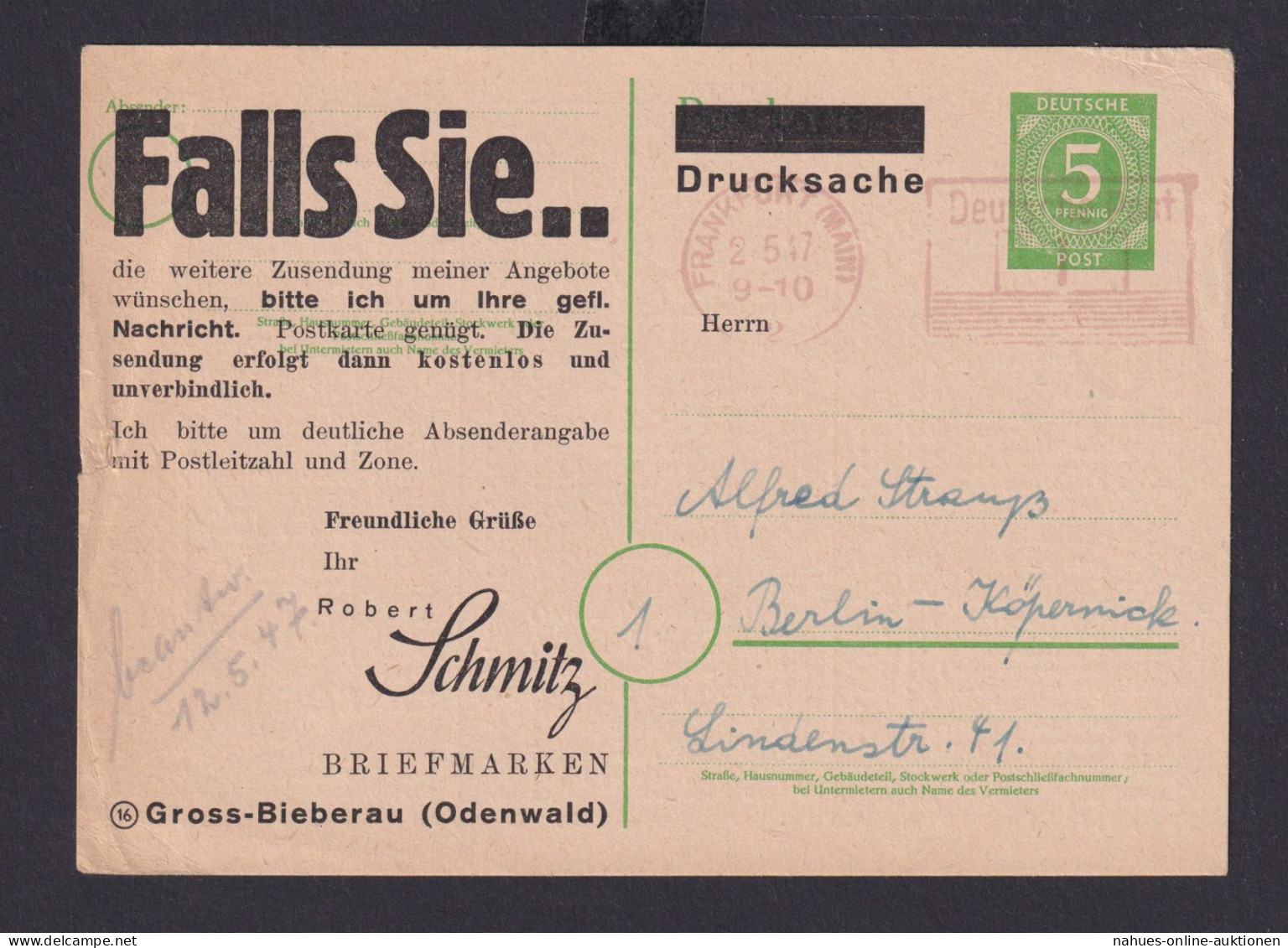 All. Besetzung Ganzsache Karte Drucksache AFS Freistempel WST 001 Frankfurt - Autres & Non Classés