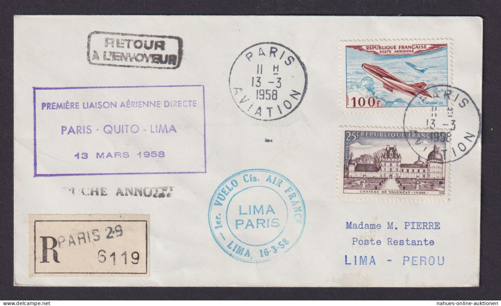 Flugpost R Brief Air Mail Air France Erstflug Paris Quito Lima Peru 13.3.1958 - Briefe U. Dokumente