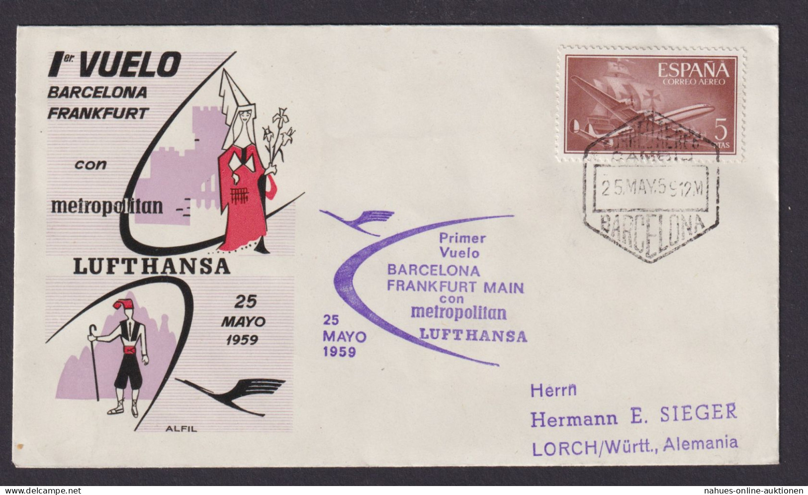 Flugpost Brief Air Mail Lufthansa Spanien Barcelona Frankfurt Toller Umschlag - Covers & Documents