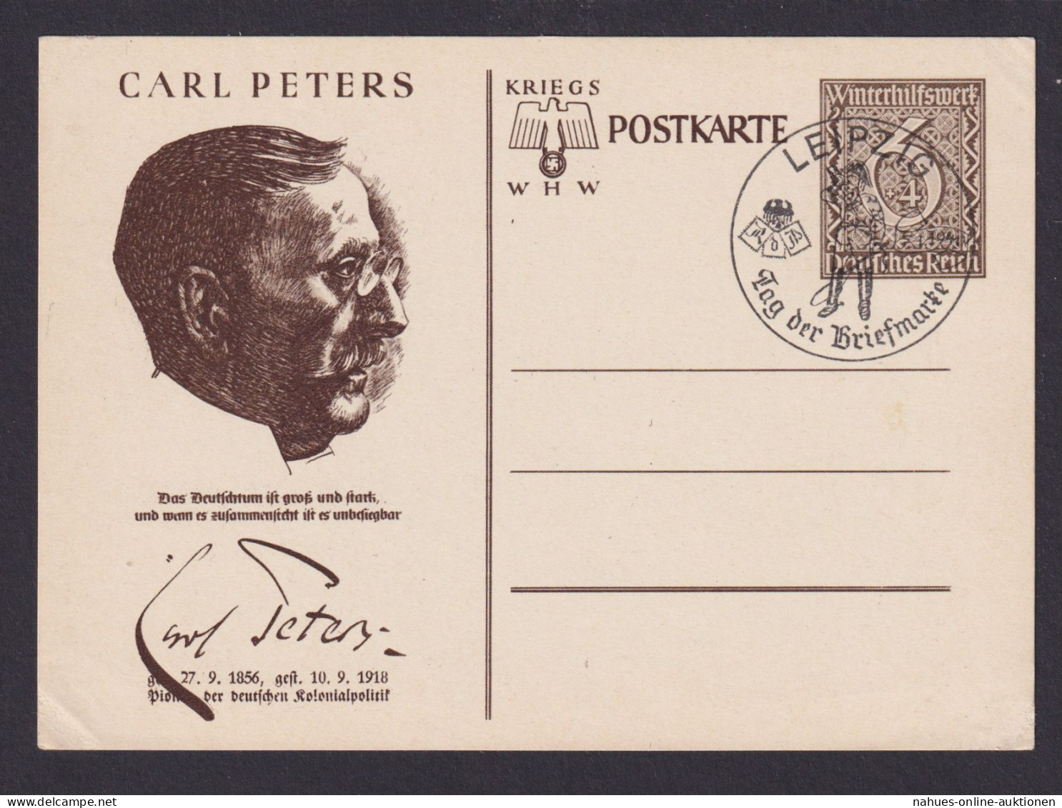 Briefmarken Deutsches Reich Ganzsache WHW Winterhilfswerk Carl Peters SST - Covers & Documents