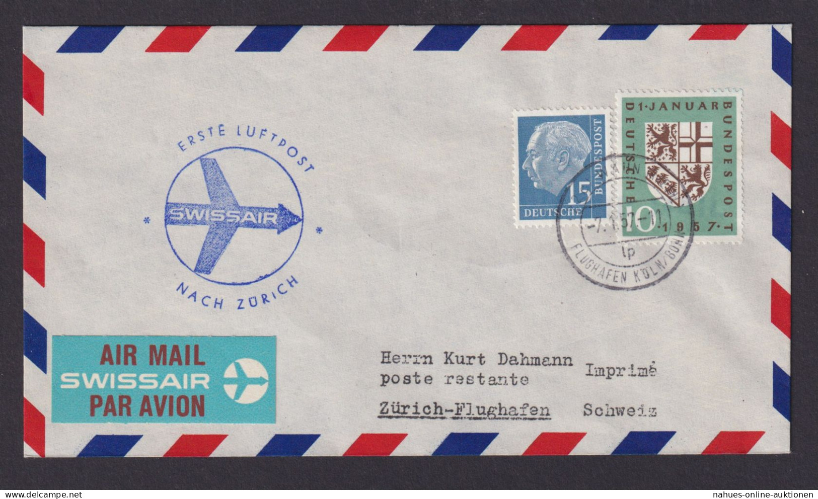 Flugpost Brief Air Mail Swissair Erstflug Nach Zürich Ab Wahn Köln MIF Heuss - Cartas & Documentos