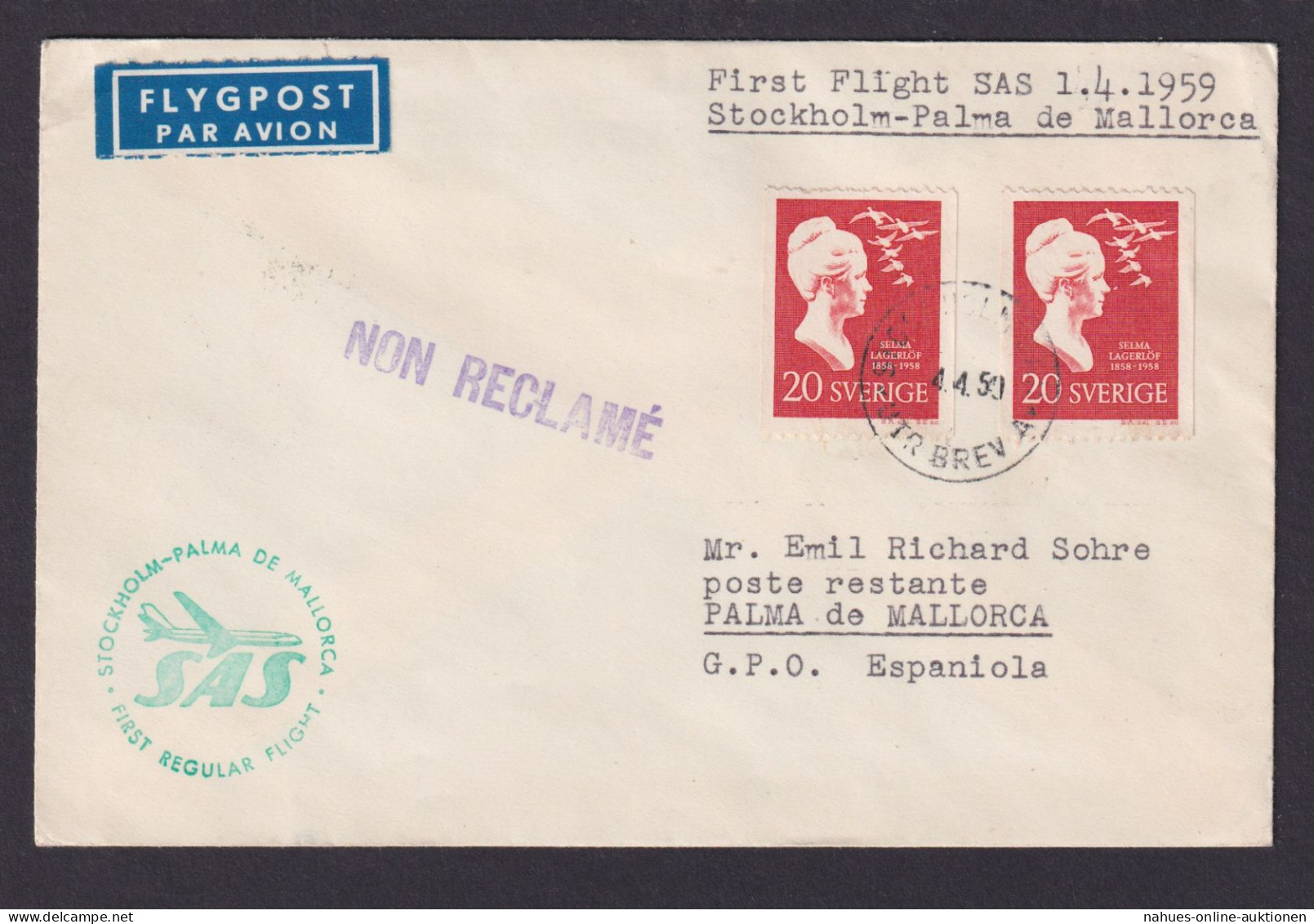 Flugpost Brief Air Mail Schweden SAS Erstflug Stockholm Palma De Mallorca - Briefe U. Dokumente