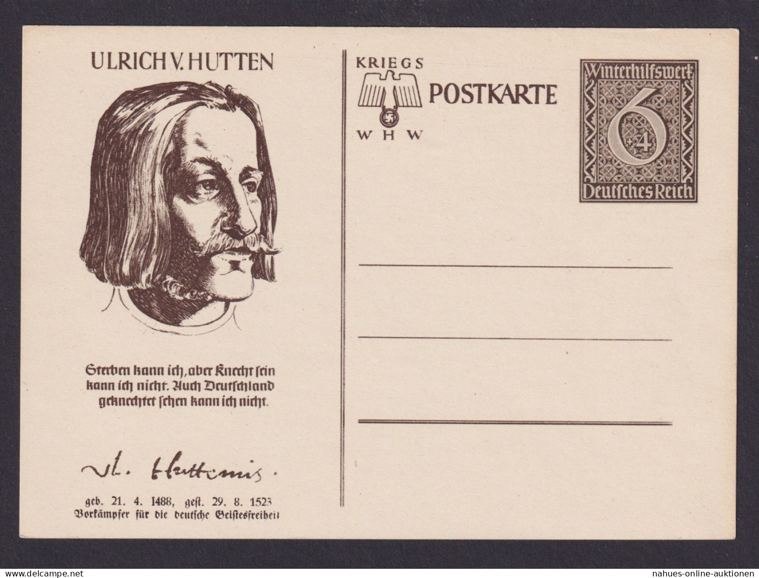 Briefmarken Deutsches Reich Ganzsache WHW Ulrich V. Hutten - Briefe U. Dokumente