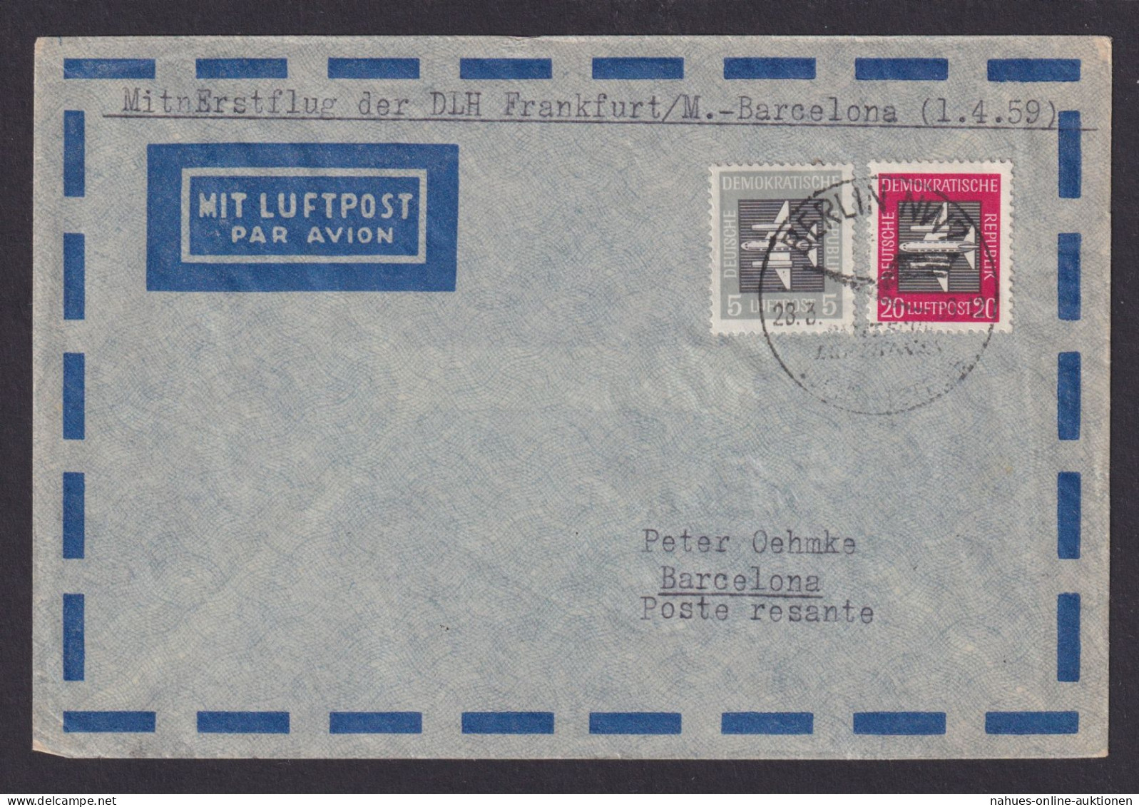 Briefmarken Flugpost Air Mail Frankfurt Barcelona Zuleitung DDR Berlin Rs. Div. - Briefe U. Dokumente