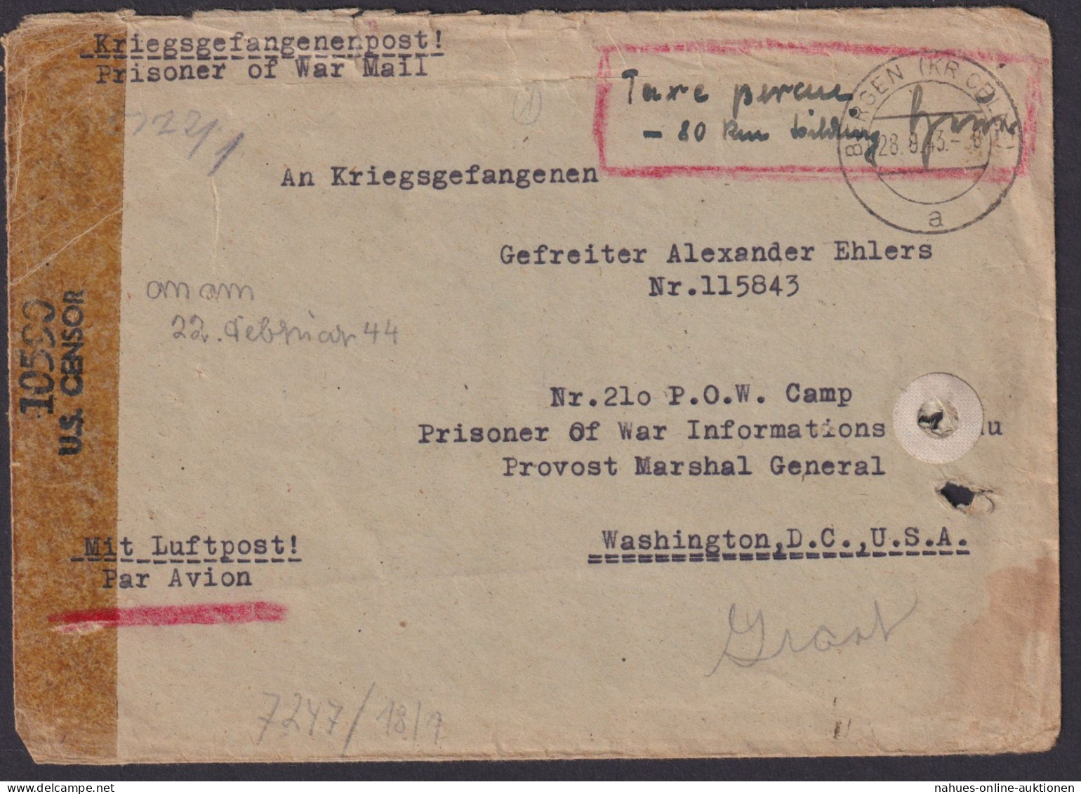 Kriegsgefangenenpost Zensur Brief USA Washington Ab Bergen Celle Hannover - Other & Unclassified