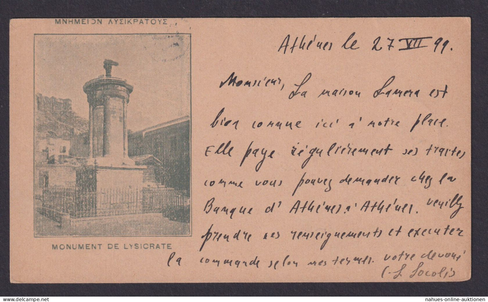 Griechenland Ansichtskarte EF 10 L Hermeskopf Athen Monument De Lysicrate 1899 - Brieven En Documenten