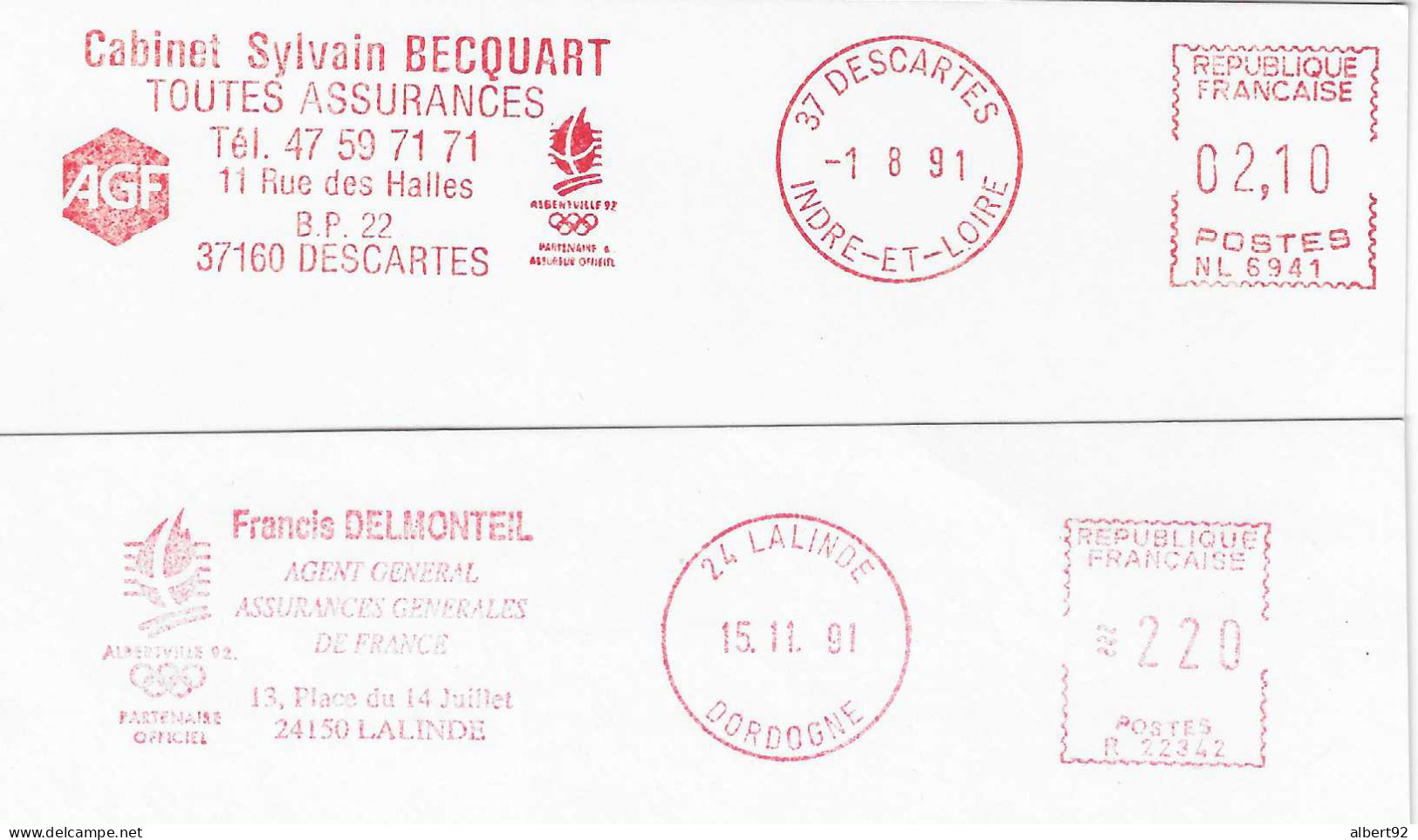 1992  EMA "Sponsor AGF Indép" Jeux Olympiques D'Hiver D'Albertville 1992: (n° NL 6941 + R 22342) - Hiver 1992: Albertville