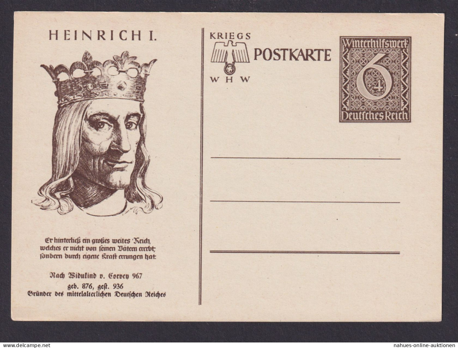 Briefmarken Deutsches Reich Ganzsache WHW Winterhilfswerk Heinrich I 1939 - Covers & Documents